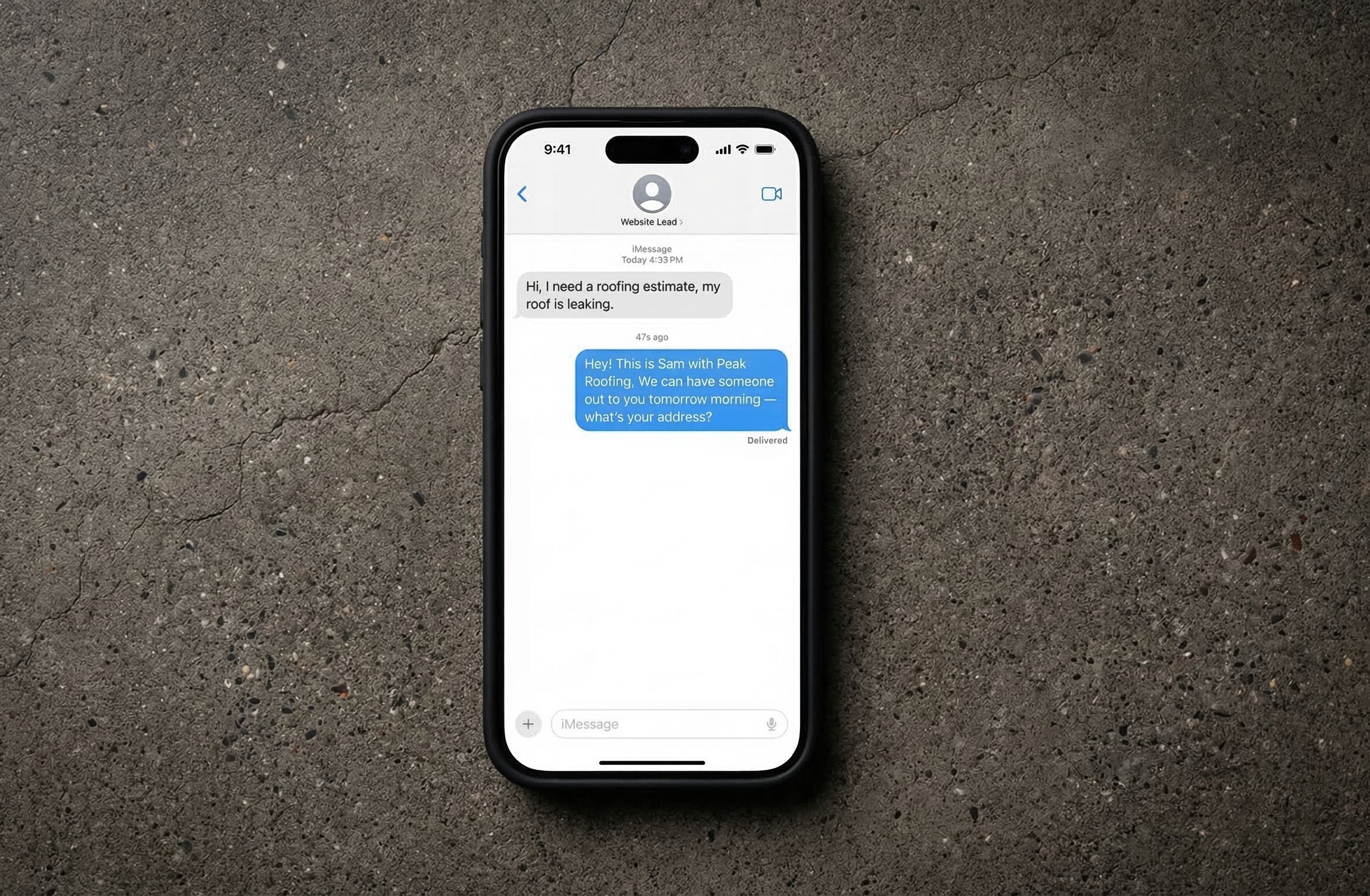 Sam AI SMS conversation showing 47 second response time